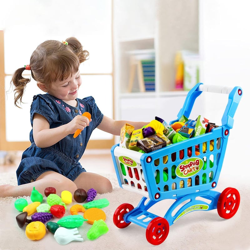 deAO Kids Shopping Cart Trolley for Groceries Toddlers 65 Food Fruit Vegetables Pretend Play Food Role Play Educational Toy Play Kitchen Toys Store Playset (Blue) - Image 4